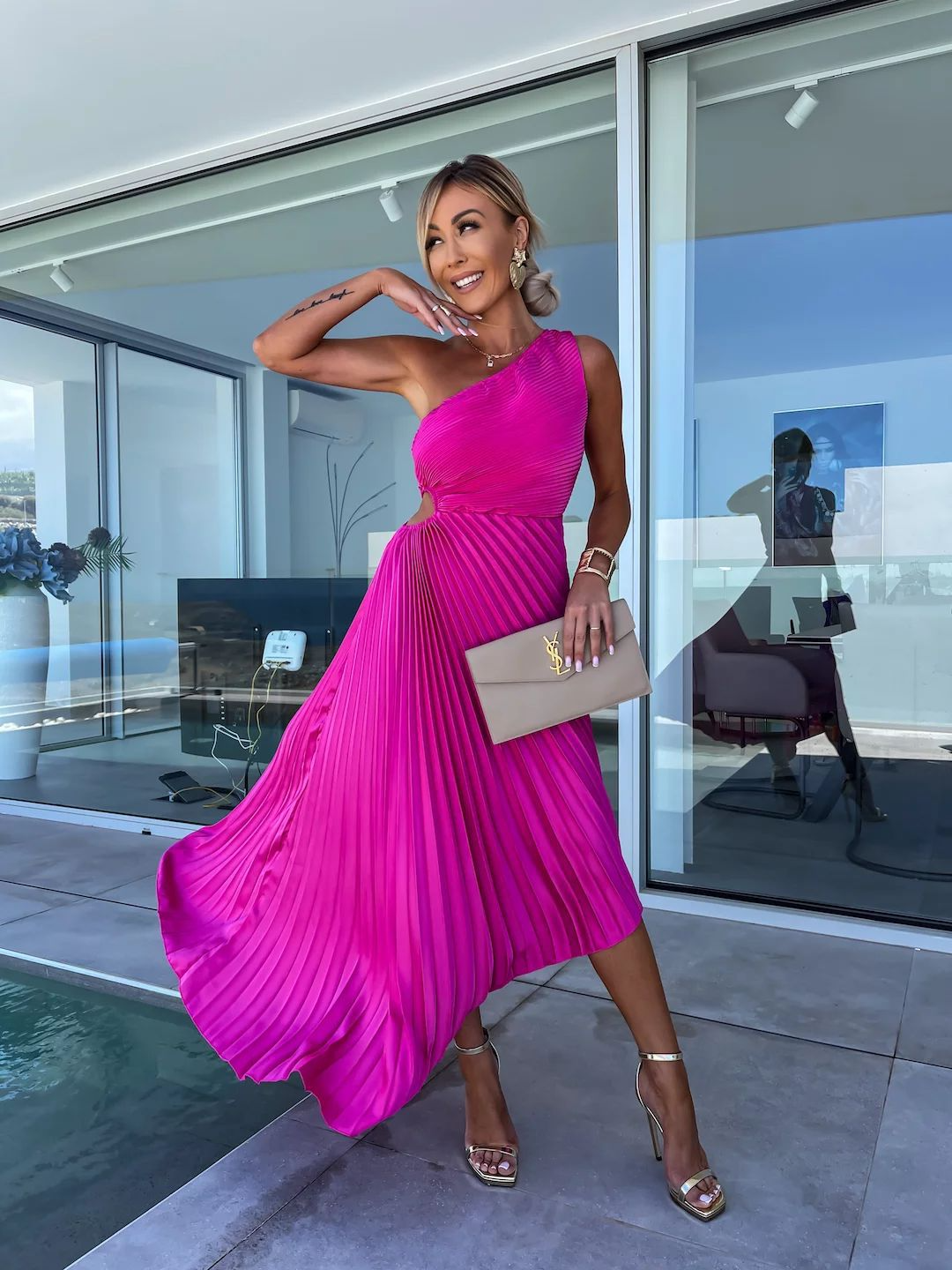 ELLA | One-Shoulder-Plissee-Midikleid