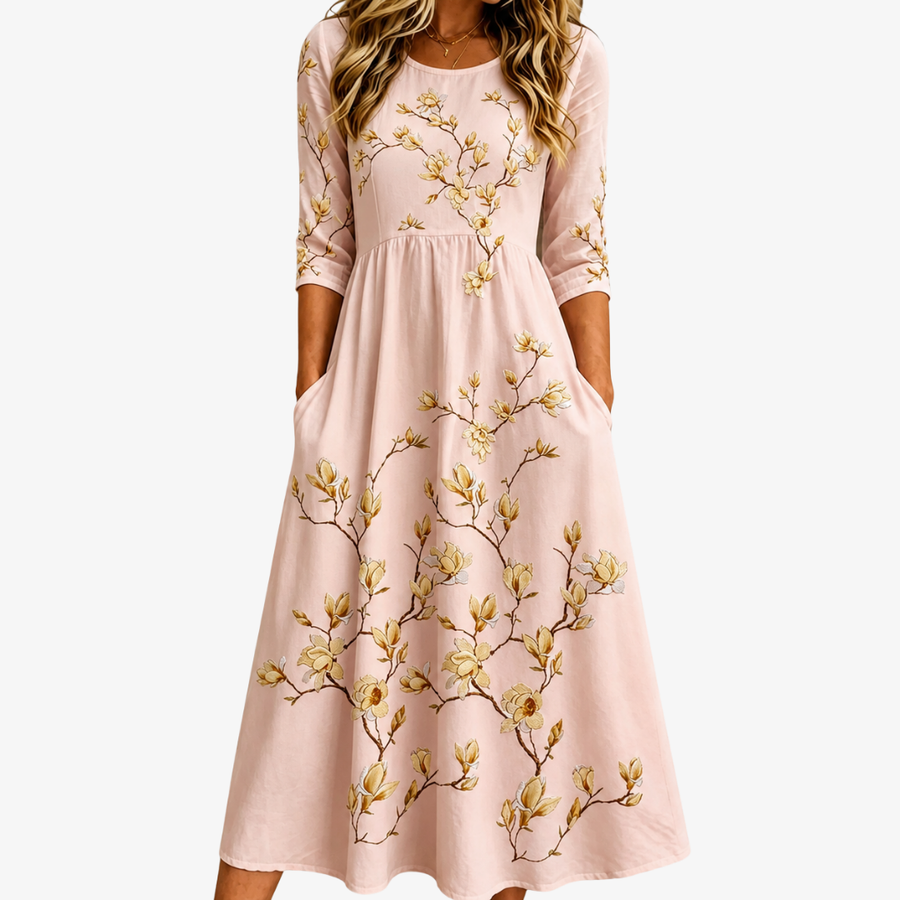 Golden Magnolia Bloom Midi-Kleid mit Taschen