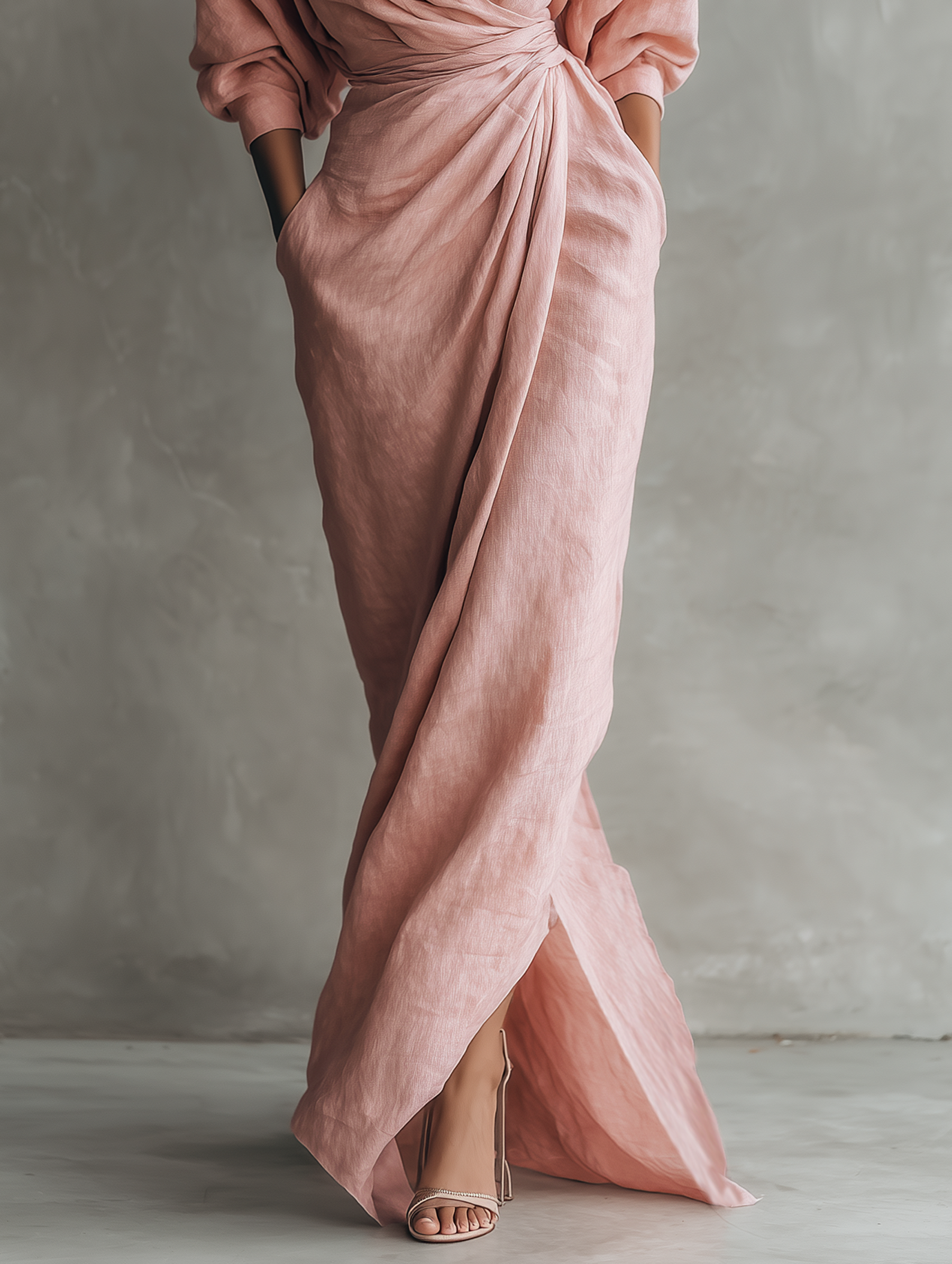Kate | Damen minimalistisches Maxi-Kleid aus Leinenmix mit V-Ausschnitt