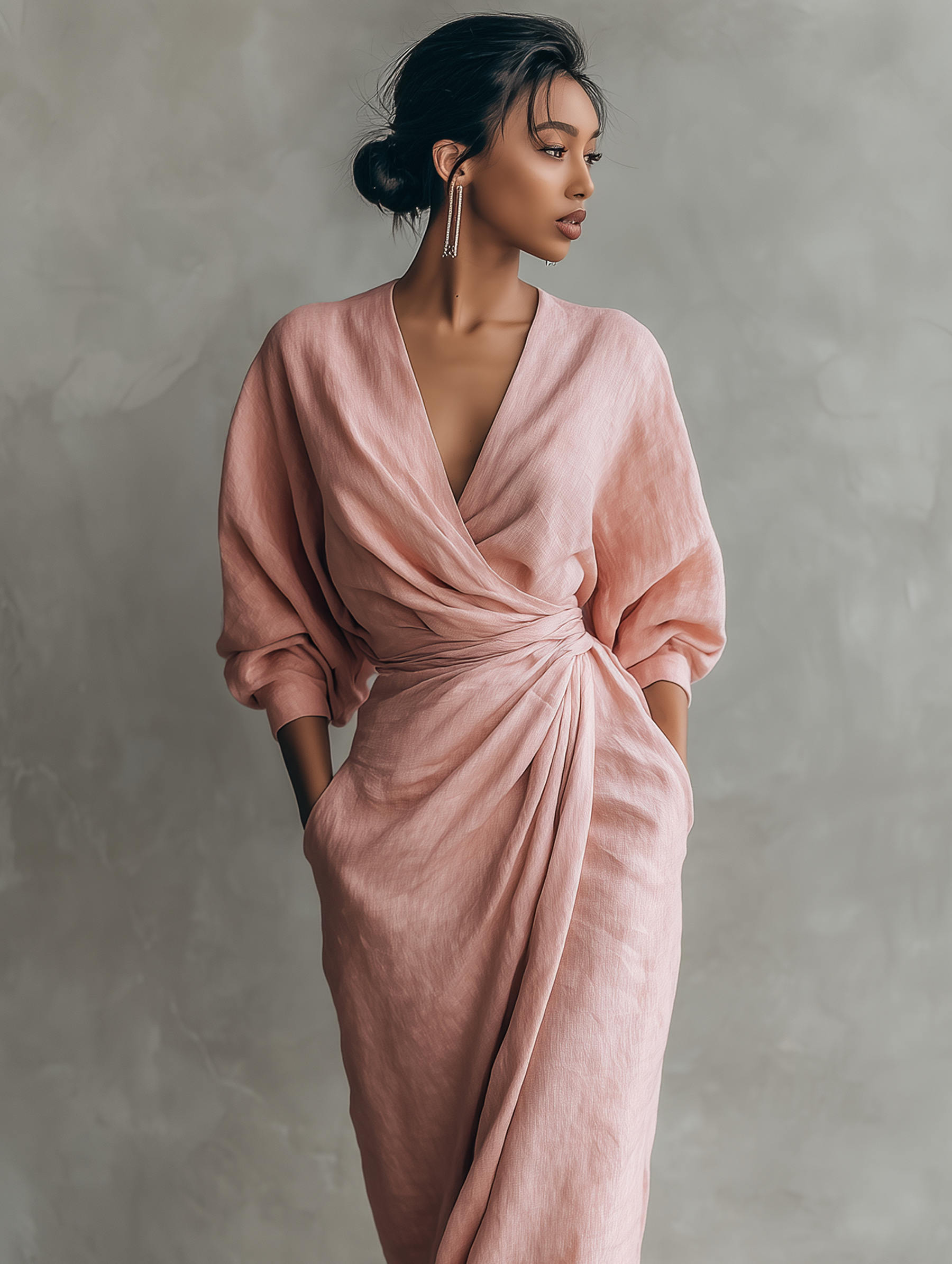 Kate | Damen minimalistisches Maxi-Kleid aus Leinenmix mit V-Ausschnitt