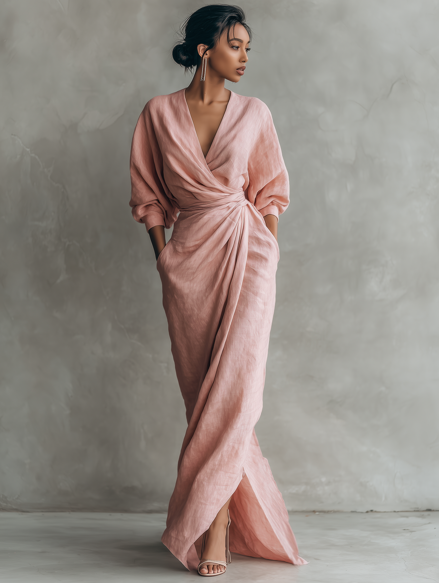 Kate | Damen minimalistisches Maxi-Kleid aus Leinenmix mit V-Ausschnitt