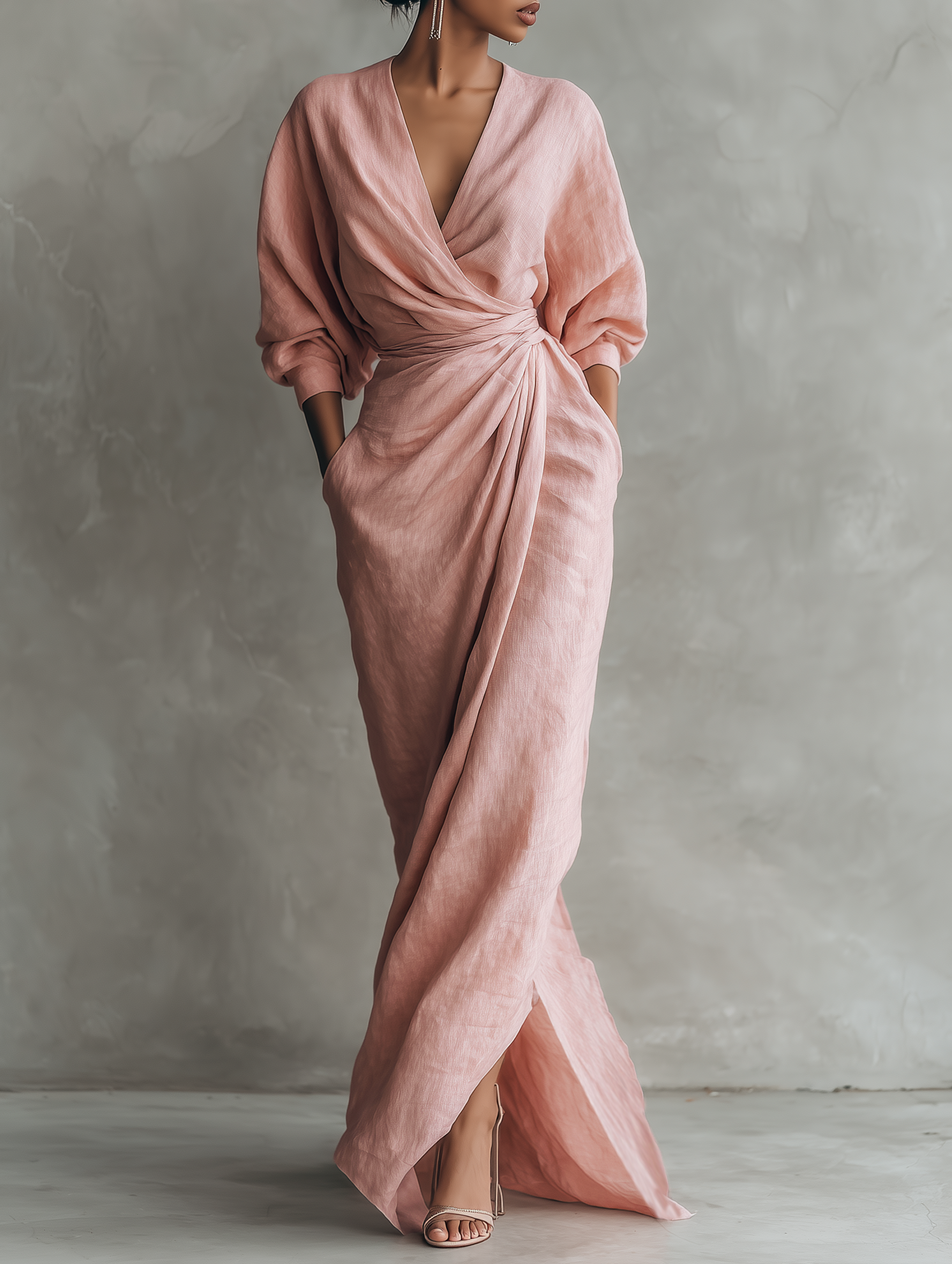 Kate | Damen minimalistisches Maxi-Kleid aus Leinenmix mit V-Ausschnitt