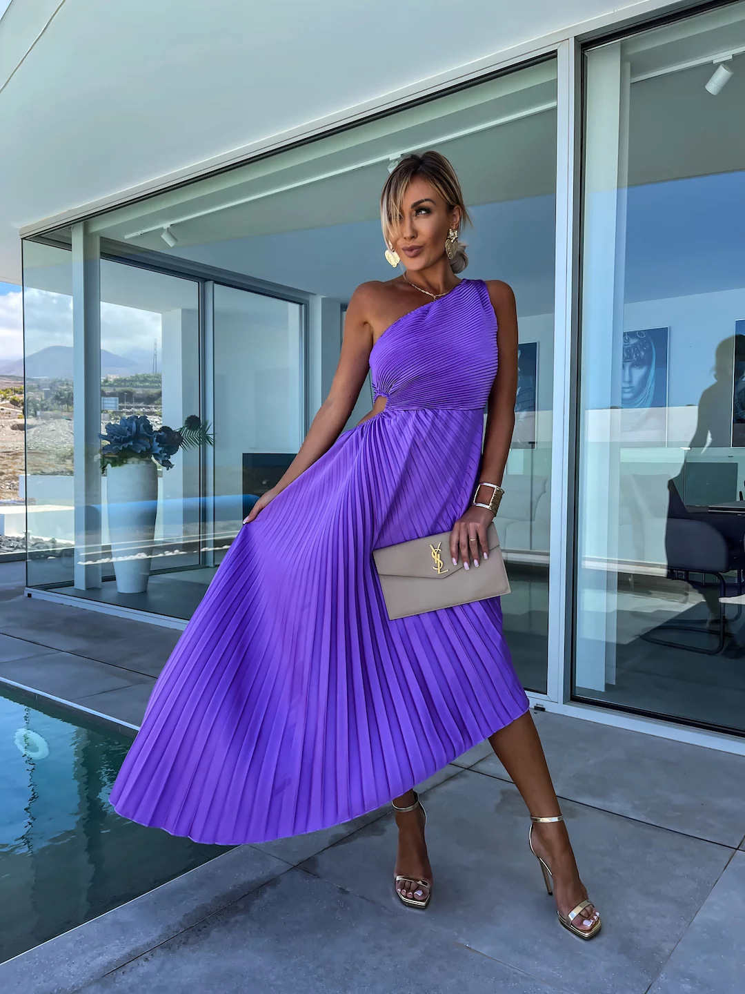 ELLA | One-Shoulder-Plissee-Midikleid