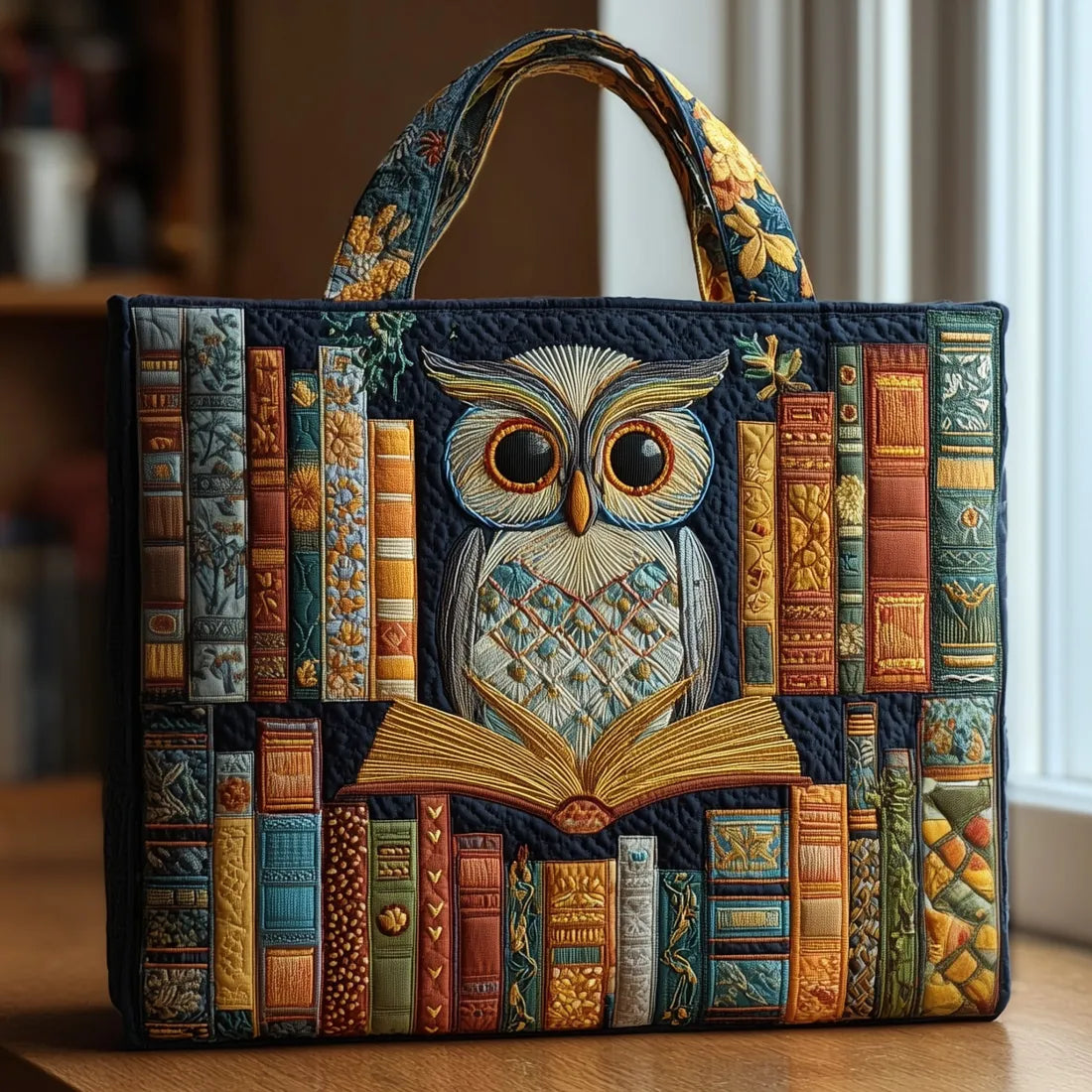 Handwerkliche Tasche - Eule und Vintage-Bücher