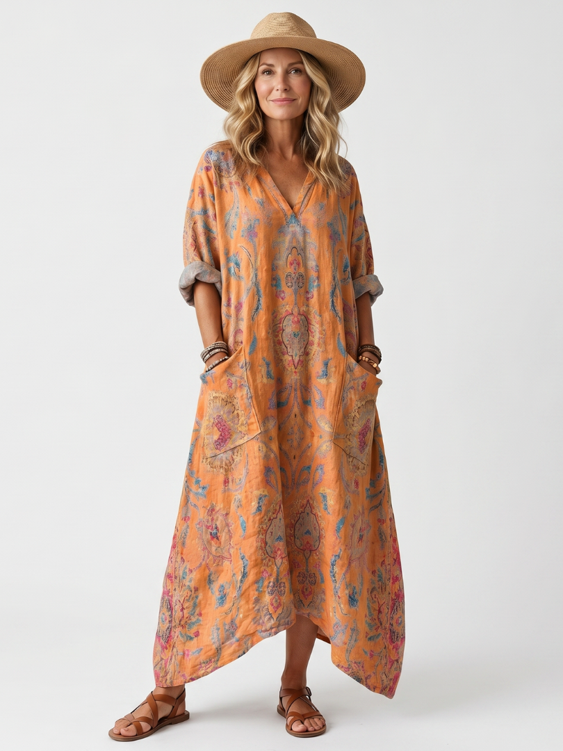 Remi | Midi-Kleid mit überschnittenem Kragen, Print und übergroßen Taschen