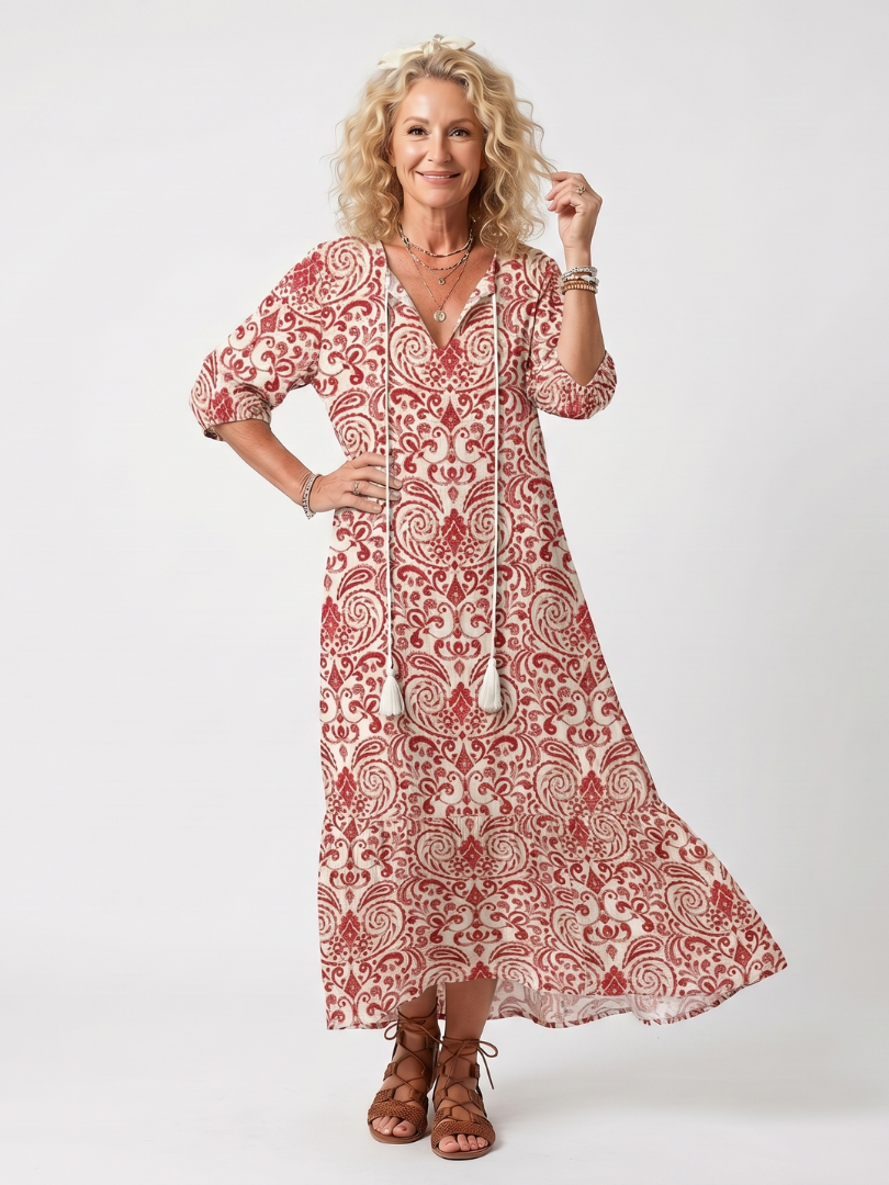 Noelle | Midi-Kleid mit aufwendigem Druck und Quastenband