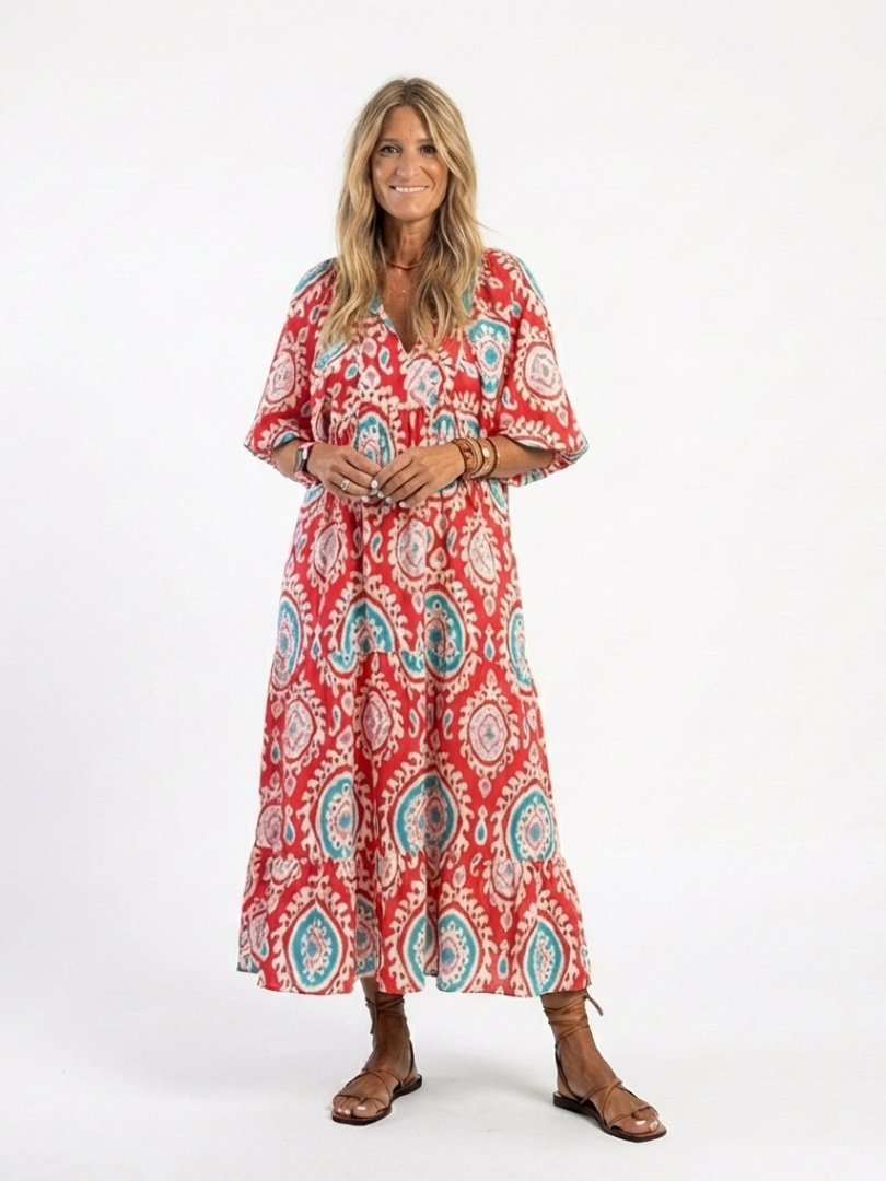 Zaria | Paisley-Print Midi-Kleid mit V-Ausschnitt und kurzen Ärmeln
