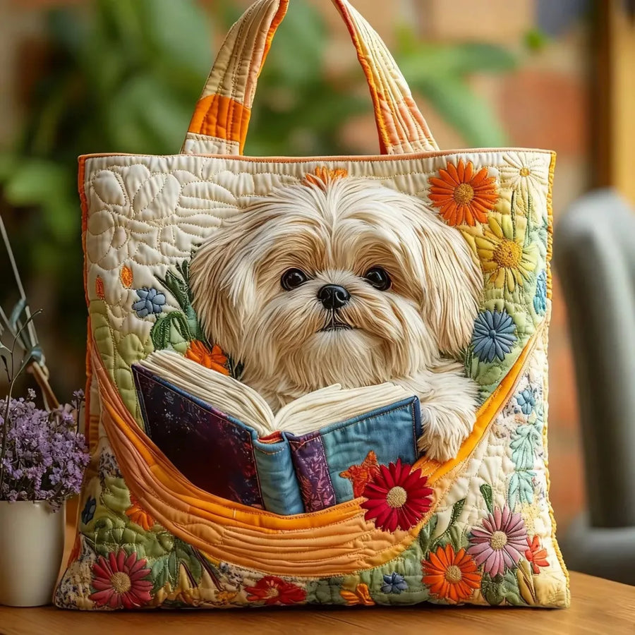 Handgefertigte Tragetasche – Shih Tzu mit Büchern und Blumen