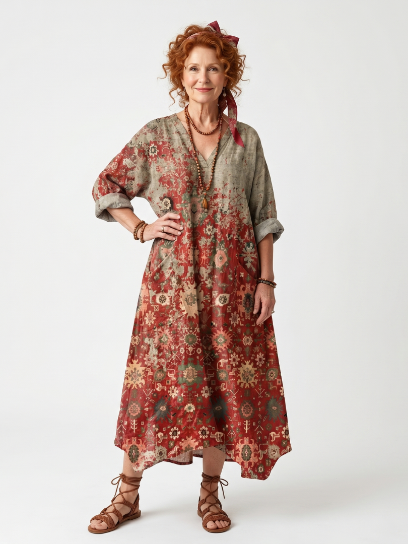 Safran | Relaxed Midi-Kleid mit Mustermix und Taschen