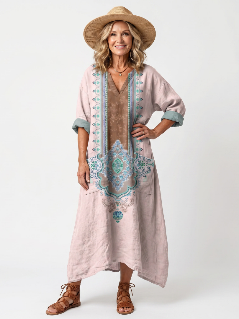 Kenza | Designer-Panel-Midikleid mit entspannter Passform und Taschen