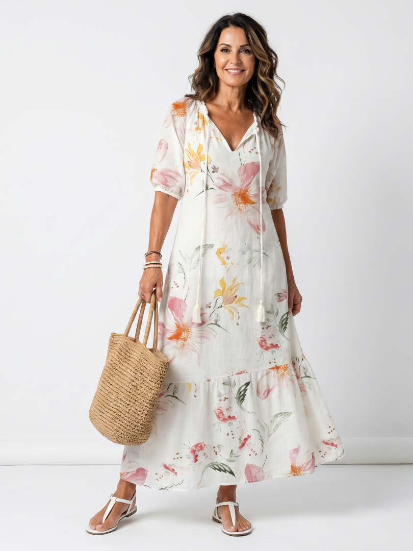 Noa | Midi-Kleid mit Blumenmuster, Stufen und Quasten