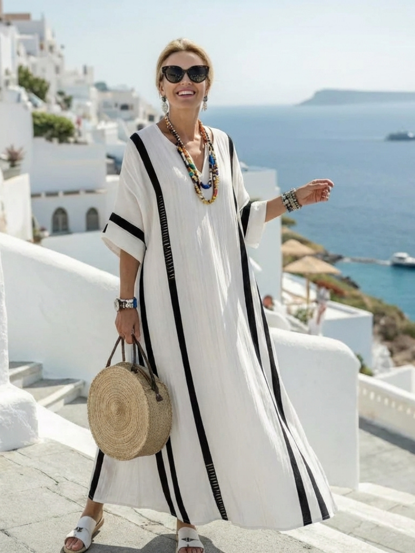 Elvienne | Gestreiftes Maxikleid mit kurzen Ärmeln und Farbblock-Design