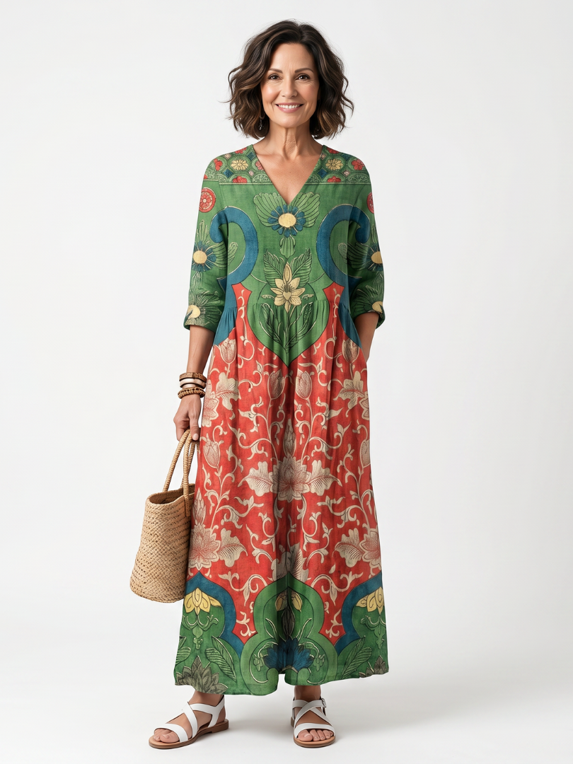 Sloane | Midi-Kleid mit V-Ausschnitt, Mustermix und Taschen