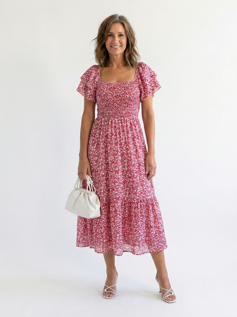 Odette | schulterfreies, geblümtes Midikleid mit Smokeinsätzen