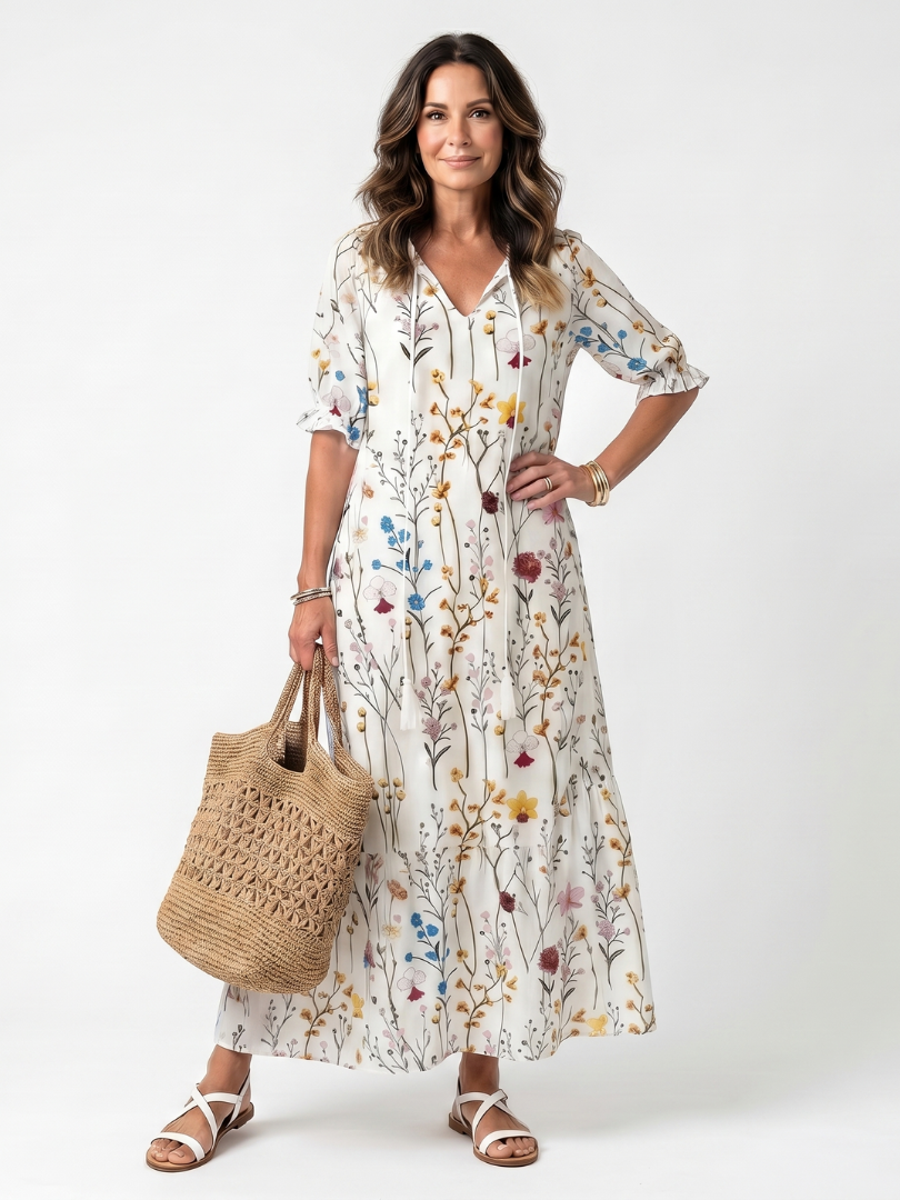 Sylvie | Midikleid mit botanischem Druck und Quastenbindung