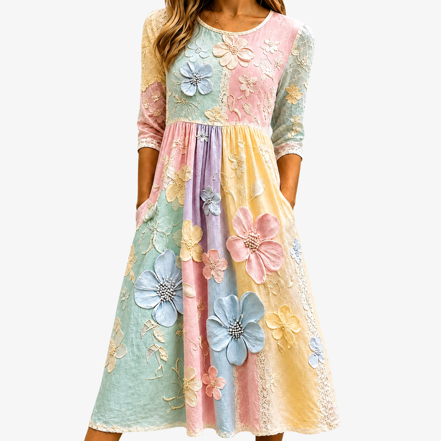Pastellblüten-Garten-Midikleid mit Taschen
