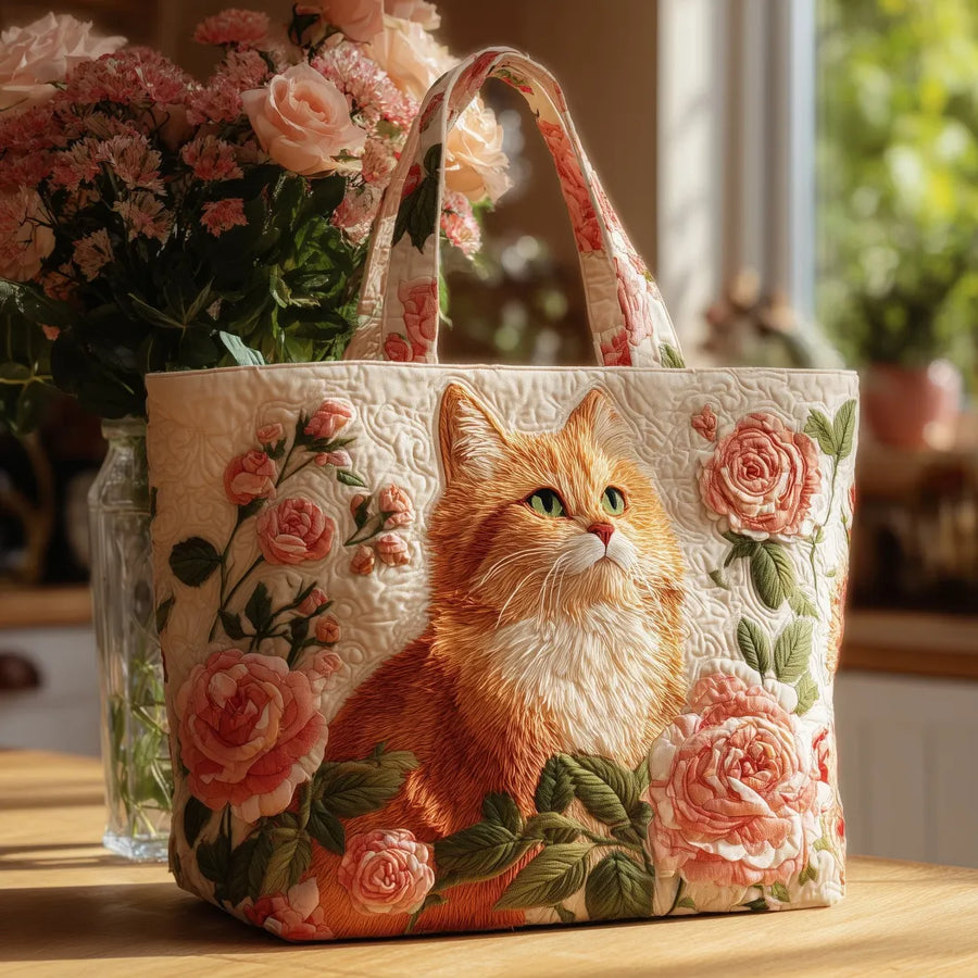 Handgemachte Tasche – Orangefarbene Katze mit Rosen