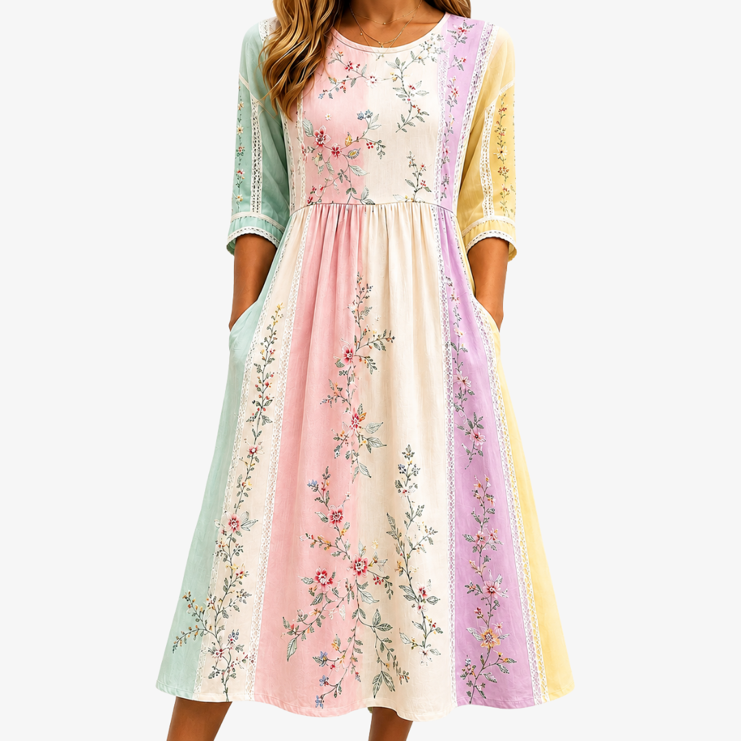Pastellgarten-Panel-Taschen-Midikleid