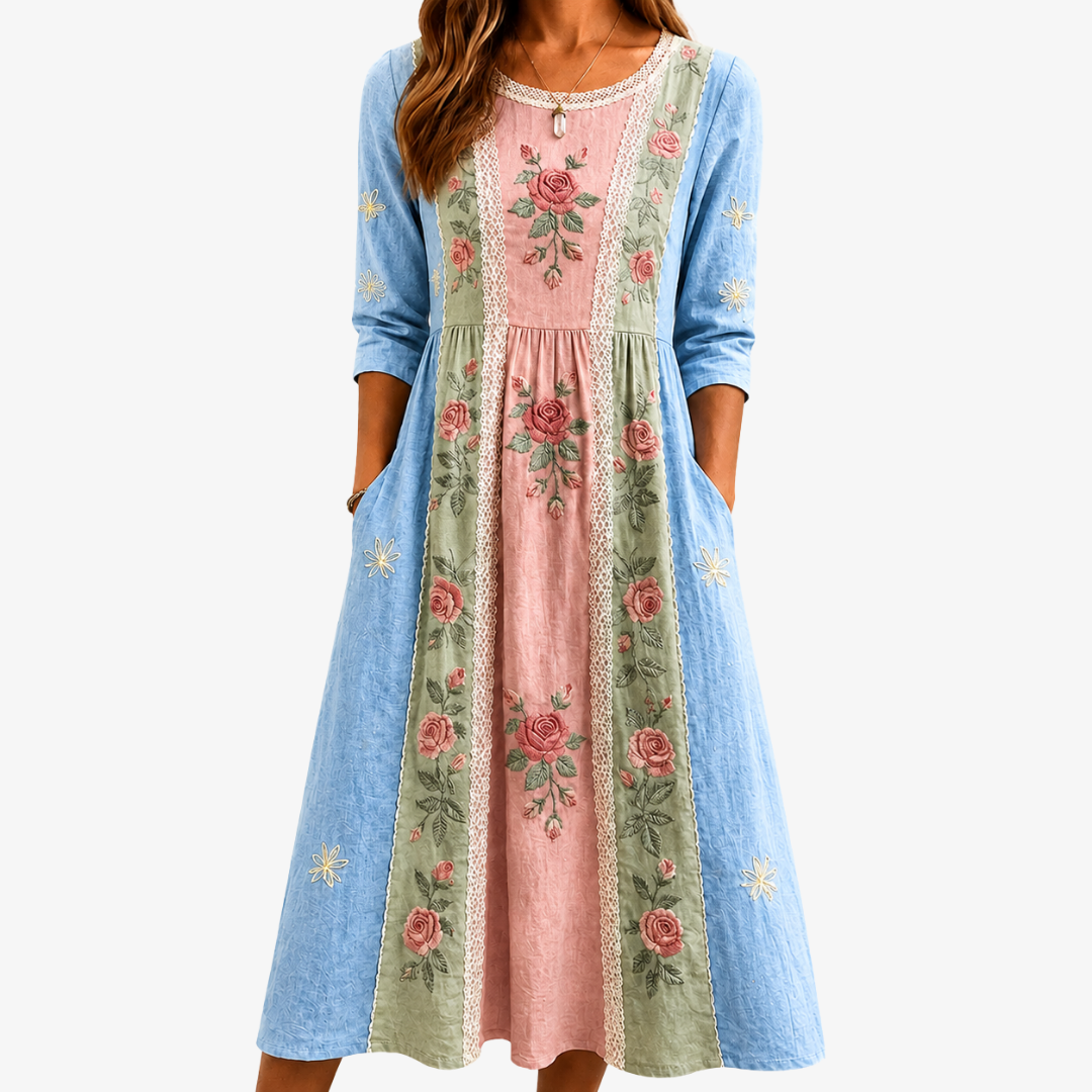 Vintage Rosengarten Patchwork-Taschenkleid