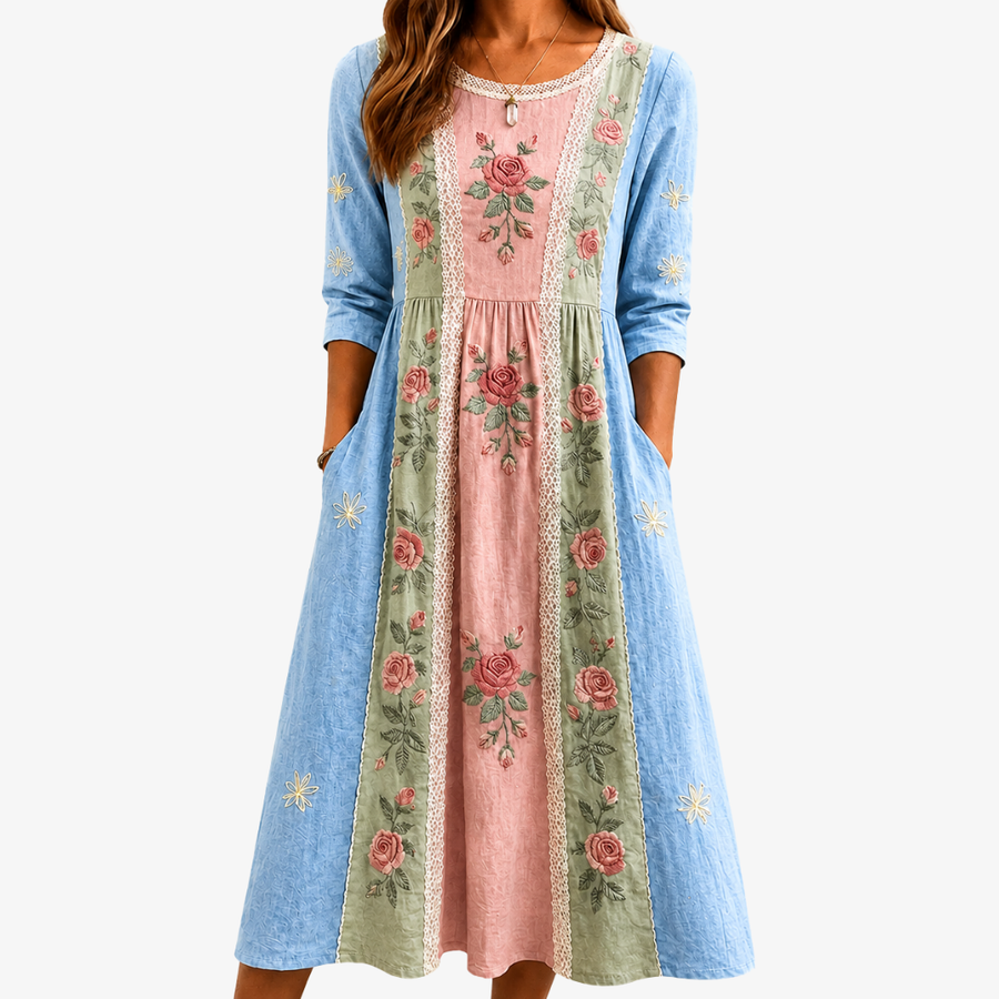 Vintage Rosengarten Patchwork-Taschenkleid