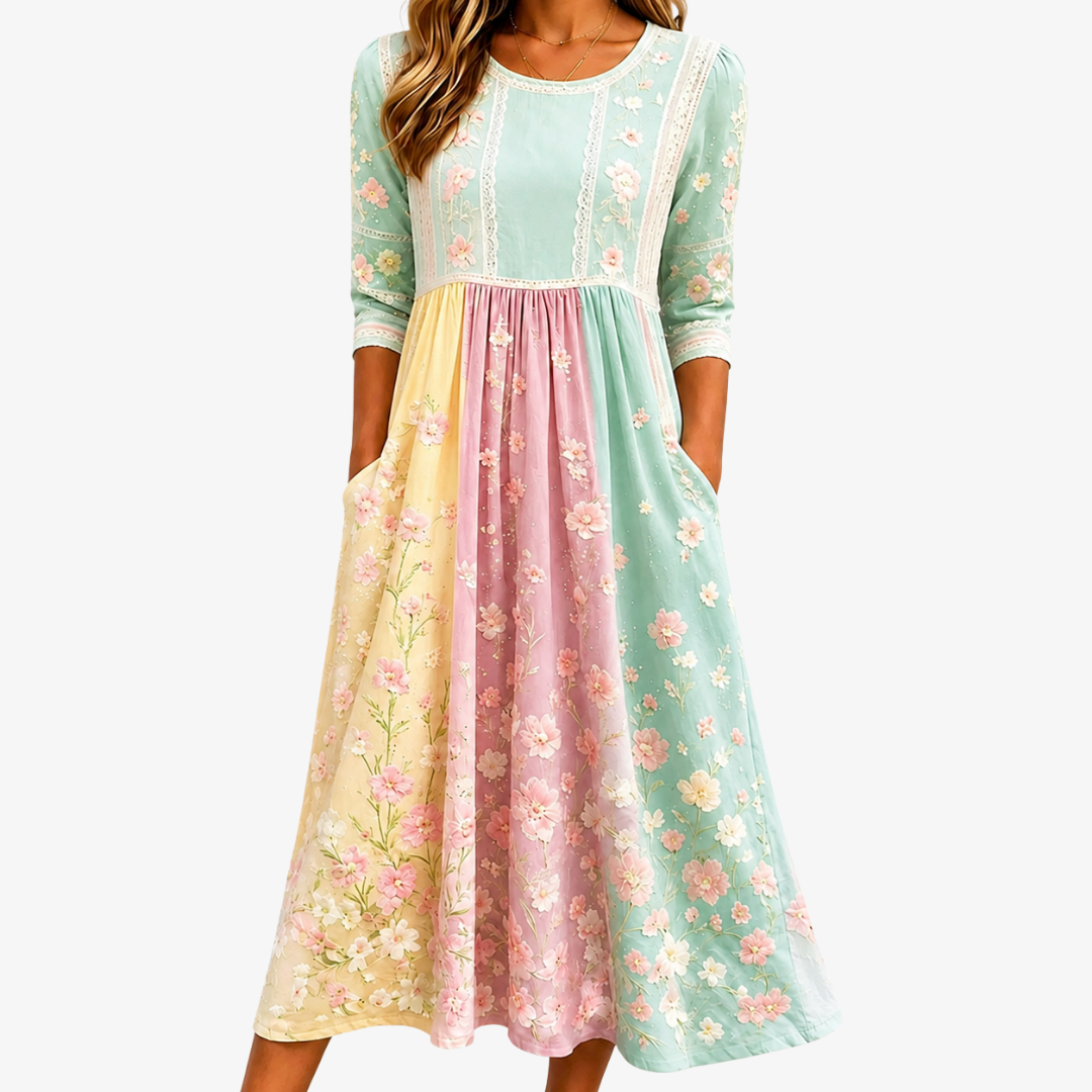 Frühlingsblumen Patchwork-Taschen-Midikleid