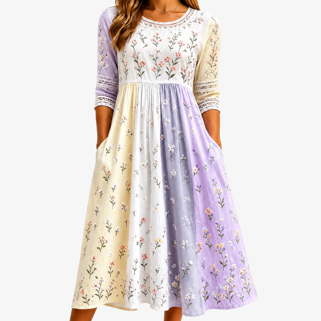 Midi-Kleid aus Patchwork mit Lavendelfeld-Muster