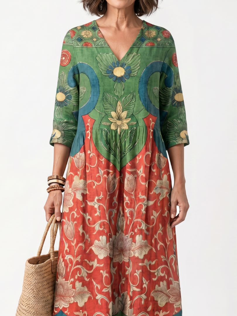 Sloane | Midi-Kleid mit V-Ausschnitt, Mustermix und Taschen