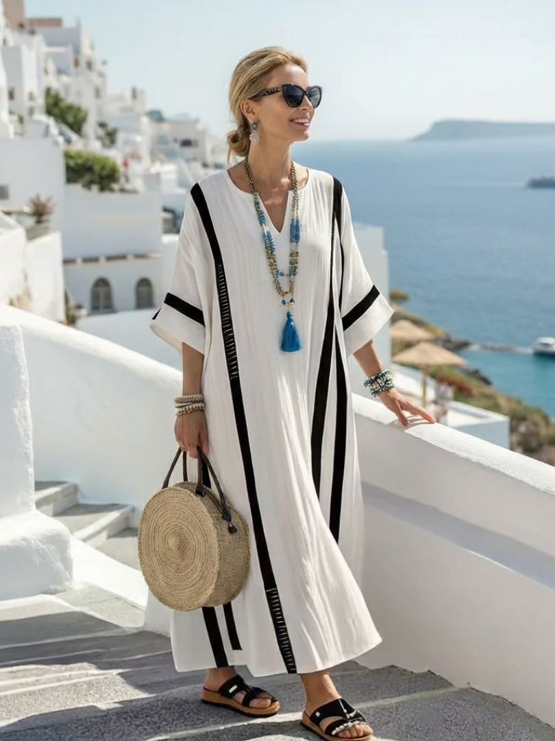 Elvienne | Gestreiftes Maxikleid mit kurzen Ärmeln und Farbblock-Design