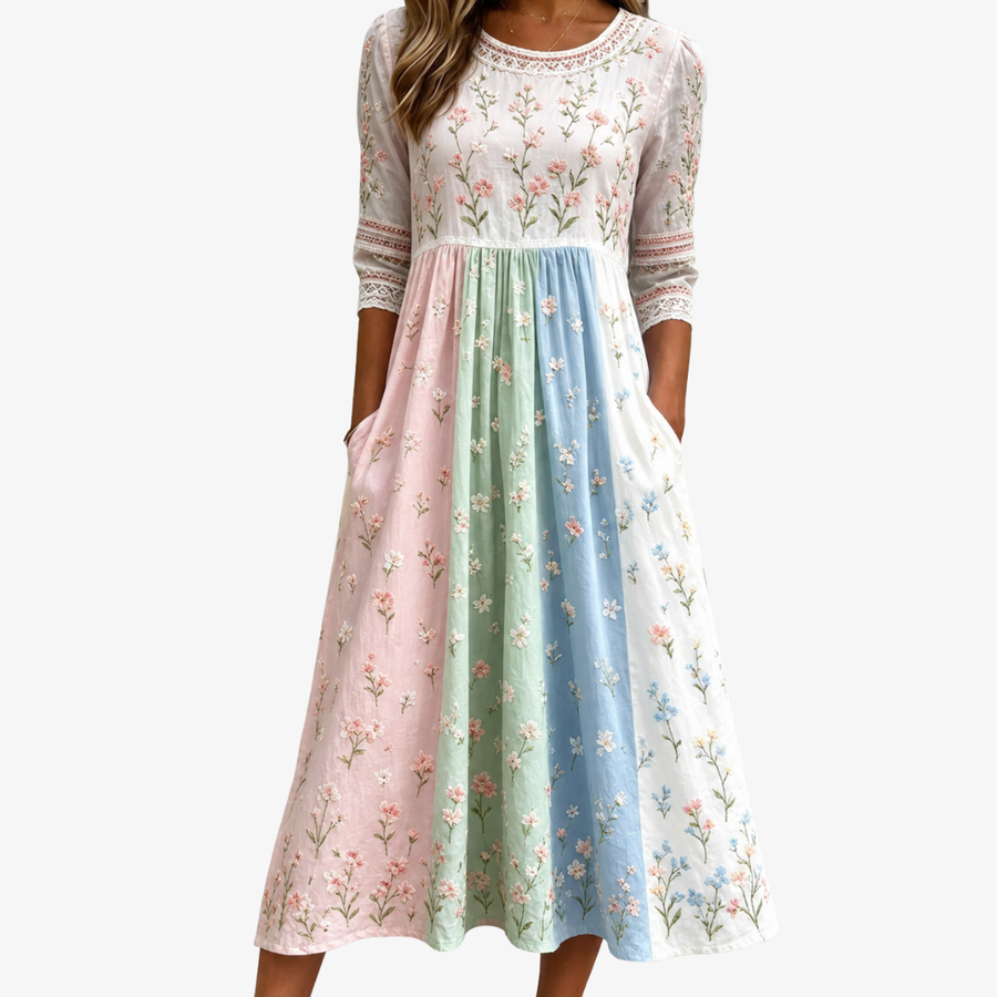 Pastellblumenwiesen-Midi-Kleid mit Taschen