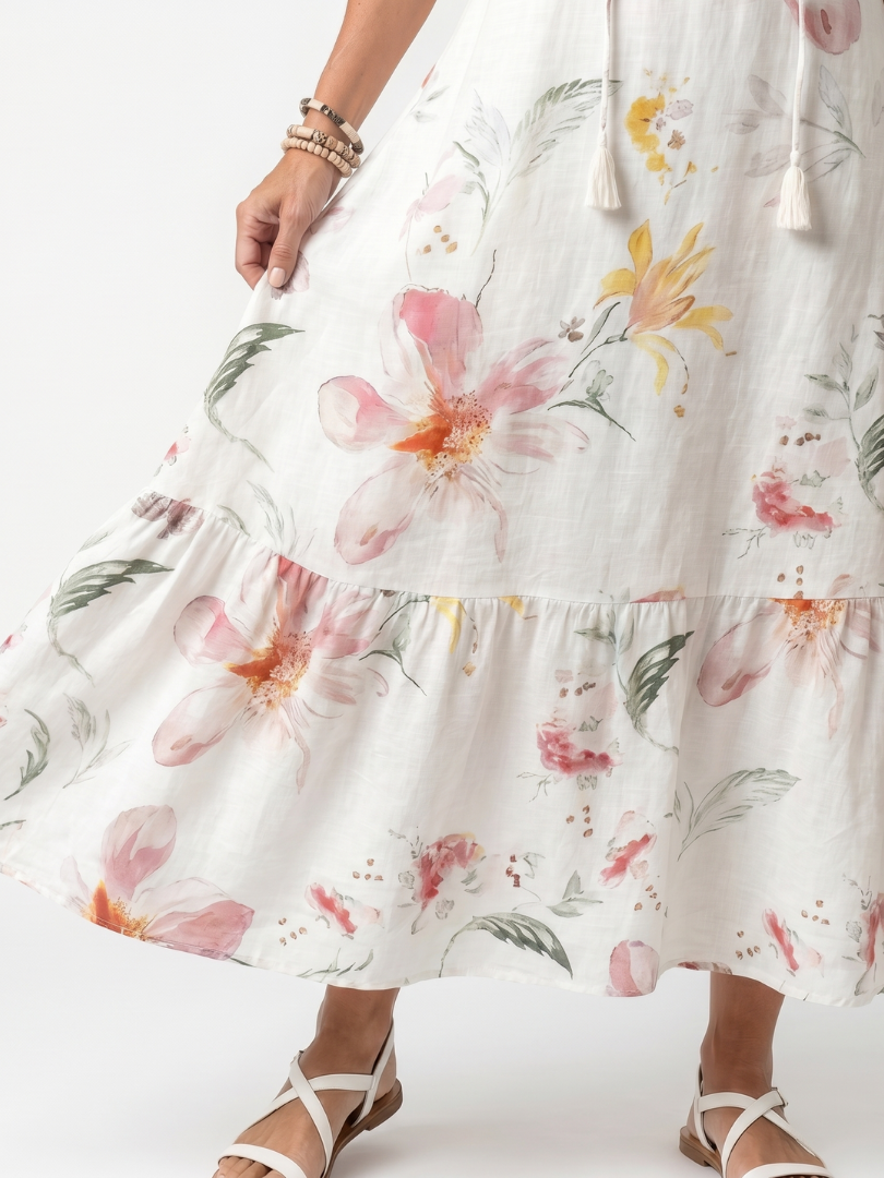 Noa | Midi-Kleid mit Blumenmuster, Stufen und Quasten