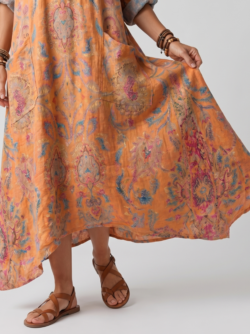 Remi | Midi-Kleid mit überschnittenem Kragen, Print und übergroßen Taschen