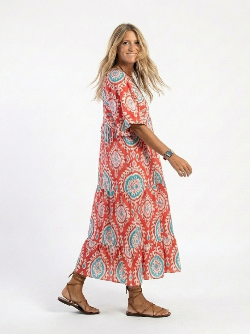 Zaria | Paisley-Print Midi-Kleid mit V-Ausschnitt und kurzen Ärmeln