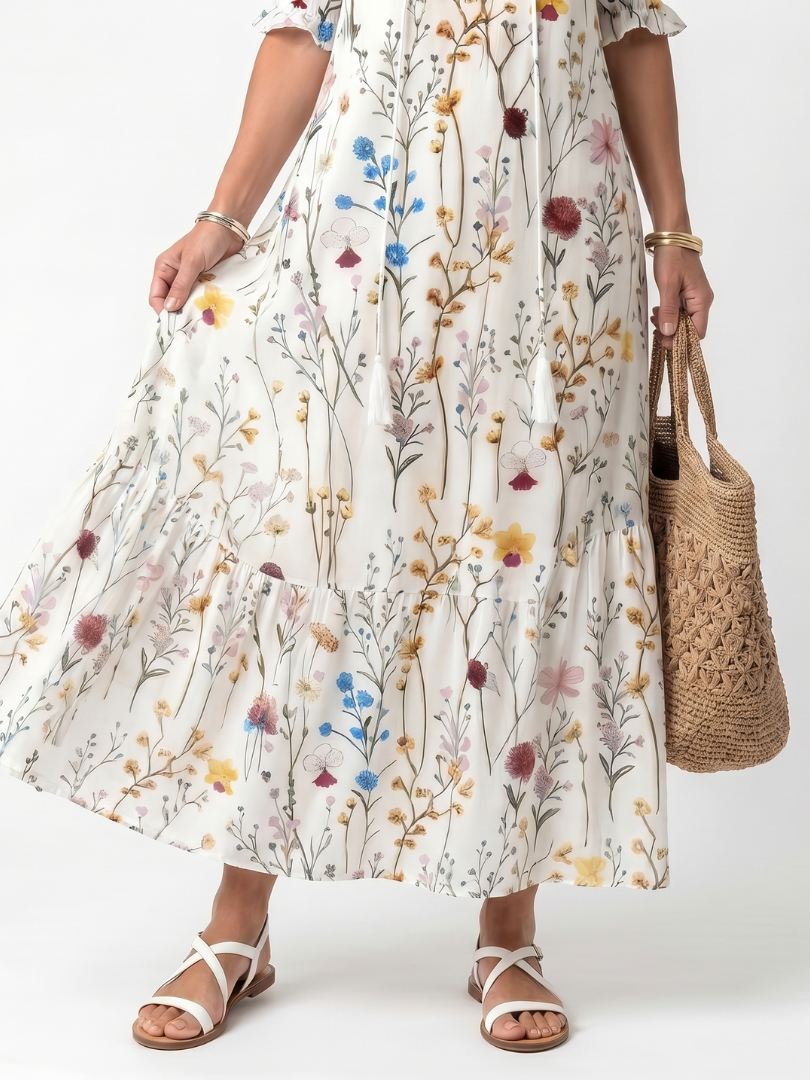 Sylvie | Midikleid mit botanischem Druck und Quastenbindung