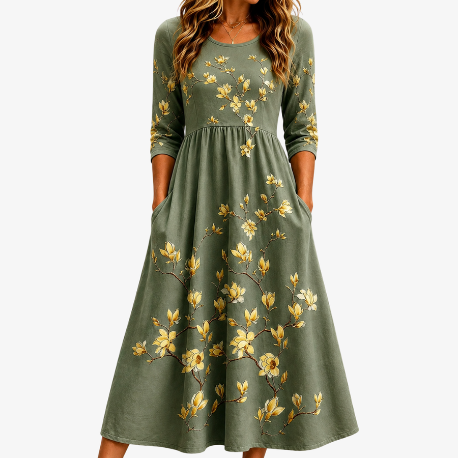 Sage Blossom Grace Tasche Midi Kleid