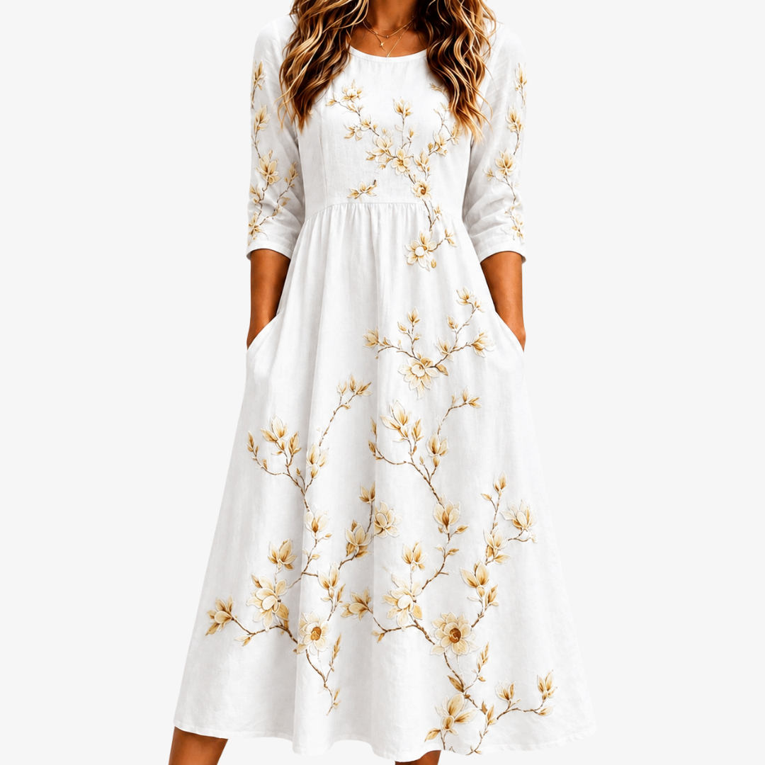 Elfenbein Blüten Gnaden Midi-Kleid mit Taschen