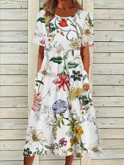 Damenkleid | Bedrucktes geblümtes Midikleid