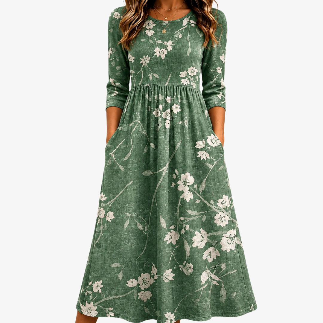 Evergreen Bloom Entspanntes Midi-Kleid mit Taschen