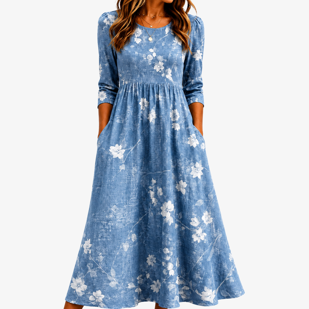 Blauglockenblumen-Wind Midi-Kleid mit Blumentaschen