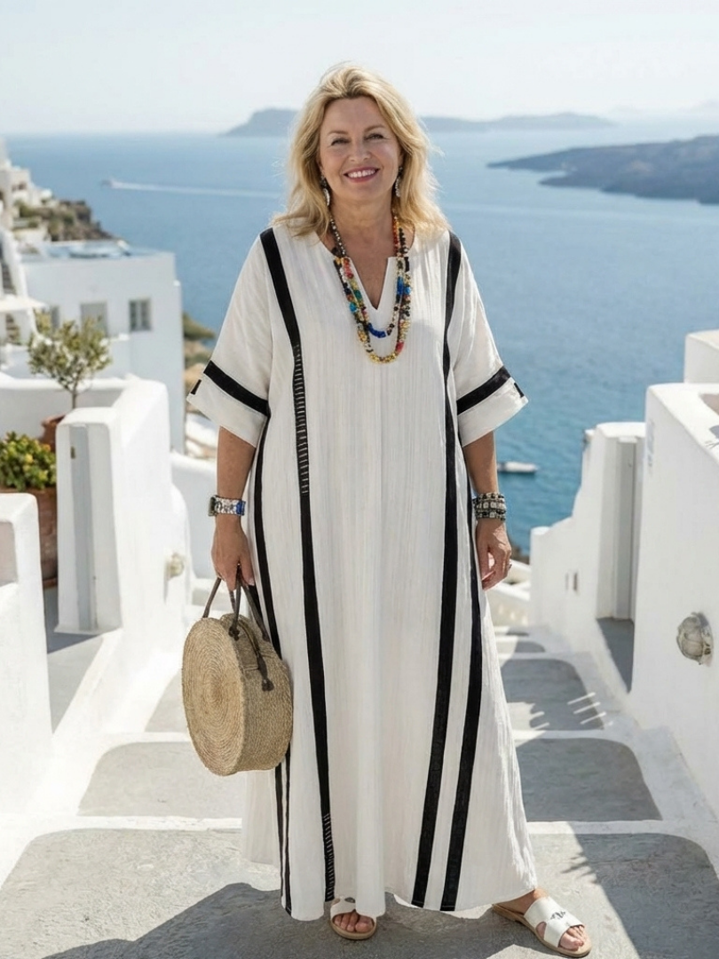 Elvienne | Gestreiftes Maxikleid mit kurzen Ärmeln und Farbblock-Design