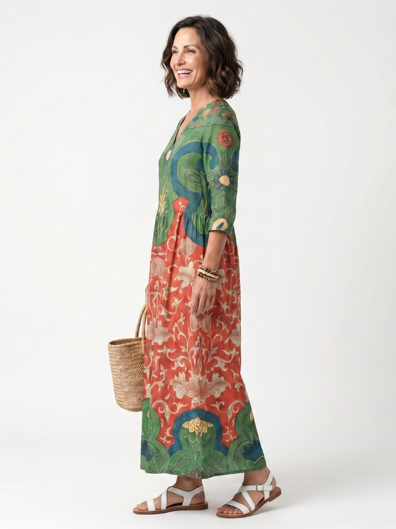 Sloane | Midi-Kleid mit V-Ausschnitt, Mustermix und Taschen