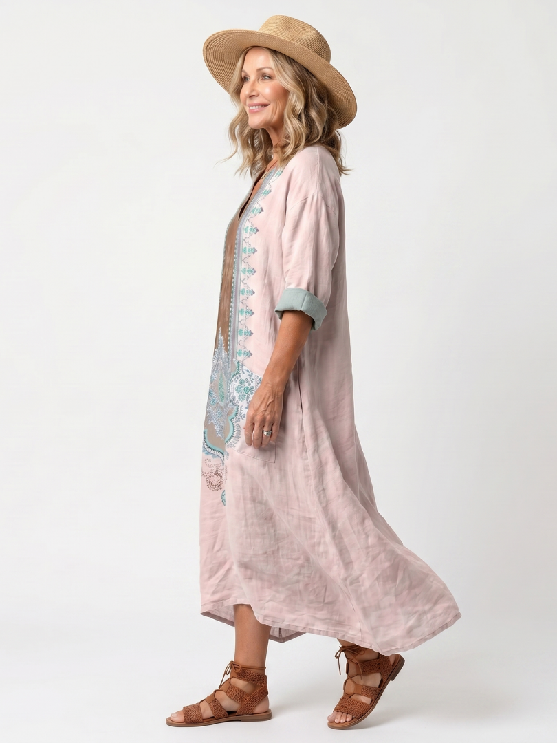 Kenza | Designer-Panel-Midikleid mit entspannter Passform und Taschen