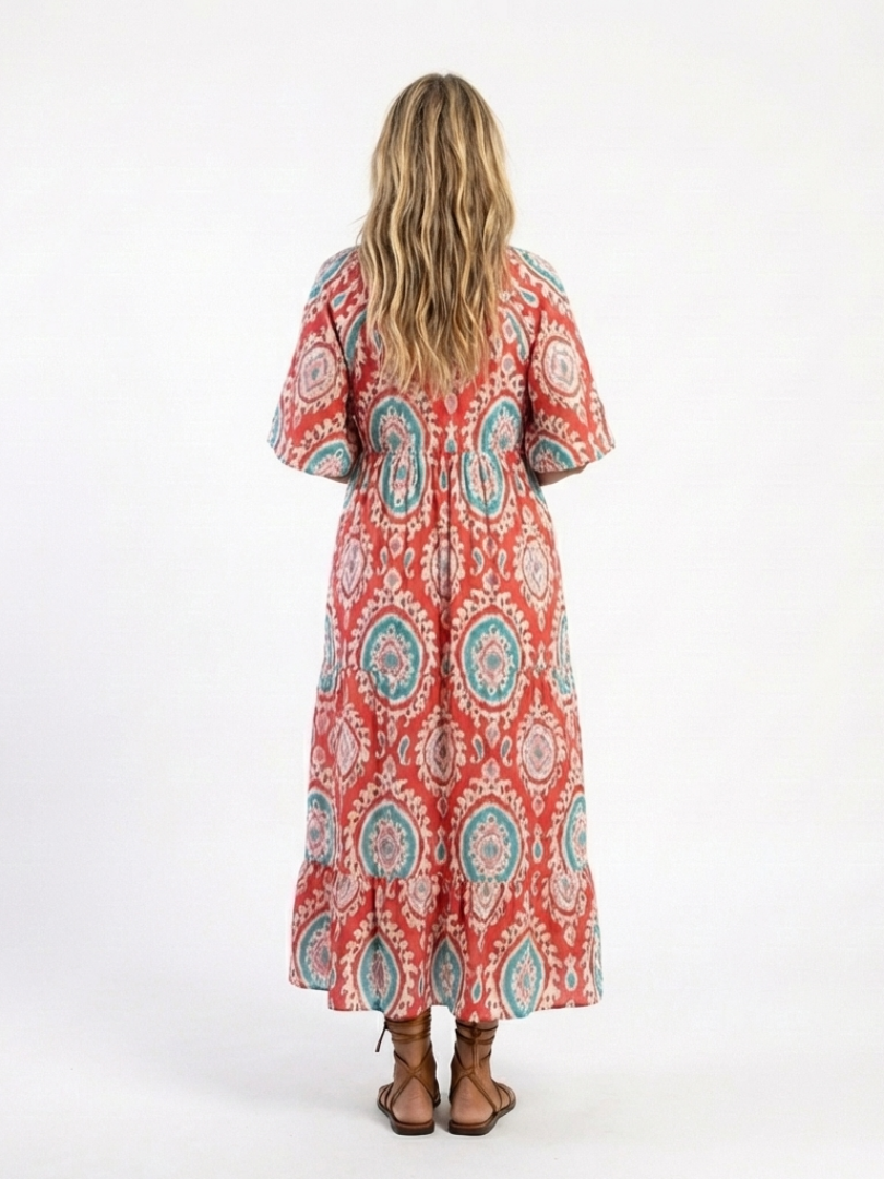 Zaria | Paisley-Print Midi-Kleid mit V-Ausschnitt und kurzen Ärmeln