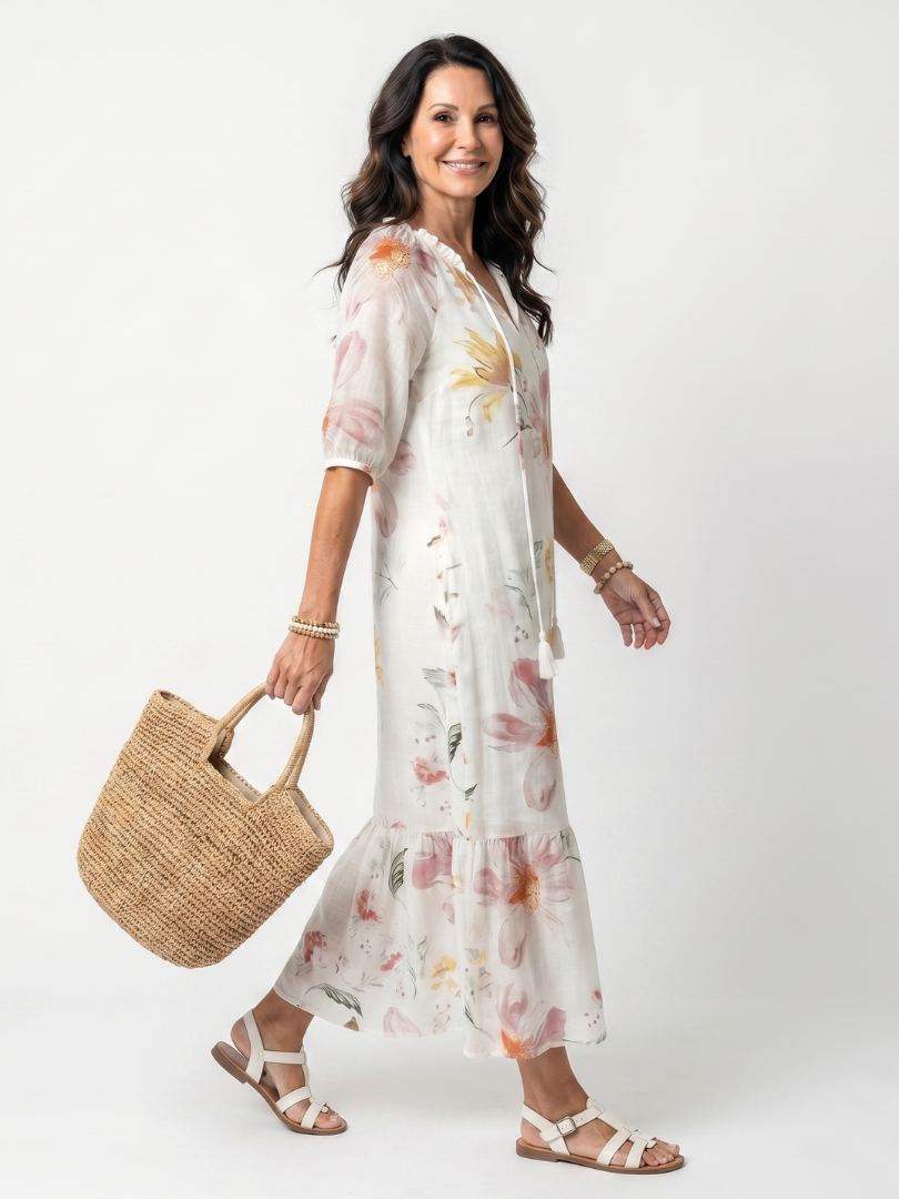 Noa | Midi-Kleid mit Blumenmuster, Stufen und Quasten
