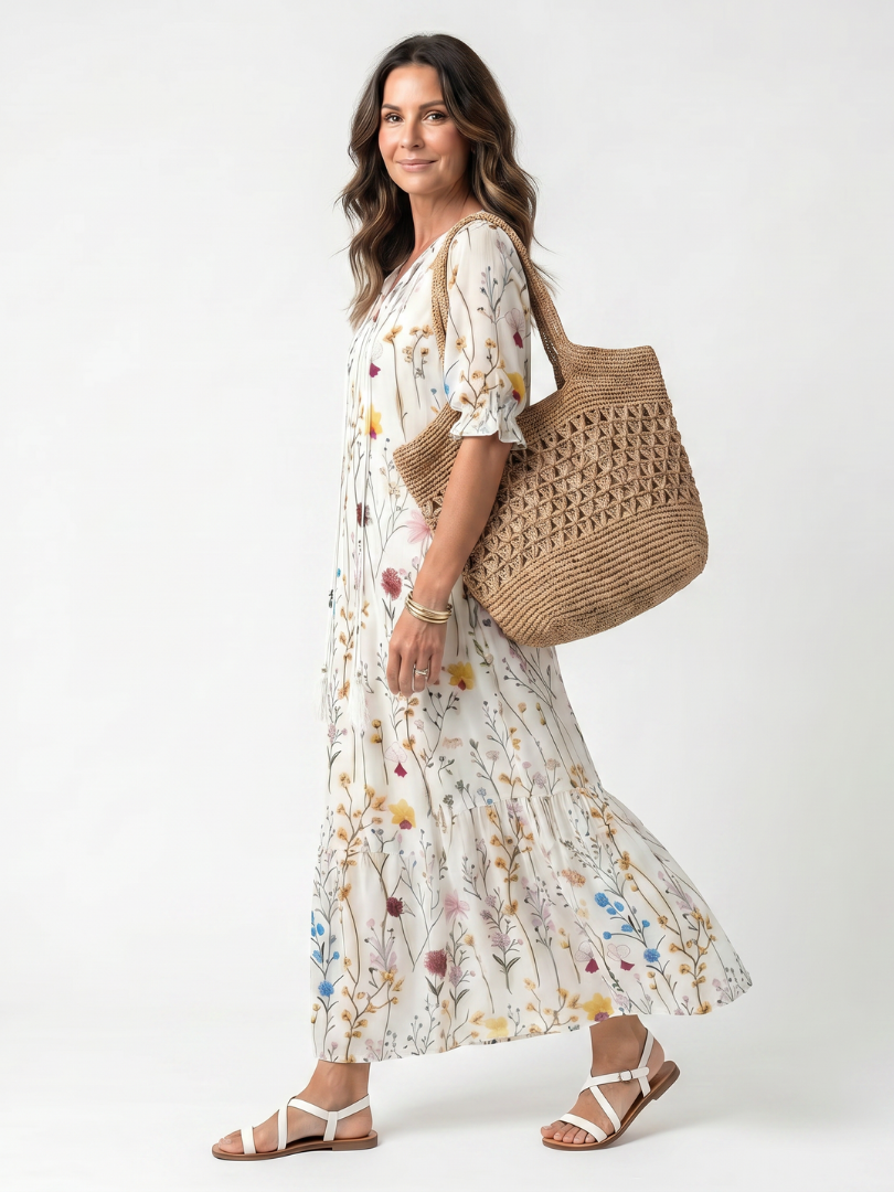 Sylvie | Midikleid mit botanischem Druck und Quastenbindung