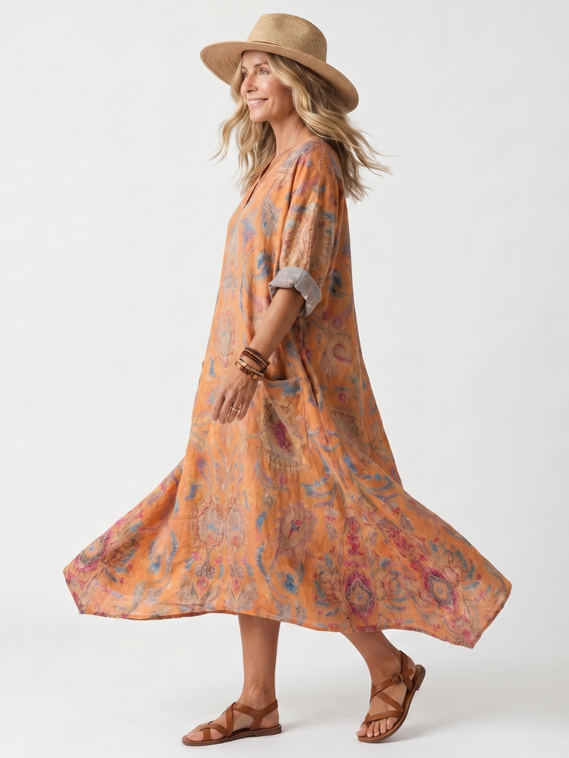 Remi | Midi-Kleid mit überschnittenem Kragen, Print und übergroßen Taschen