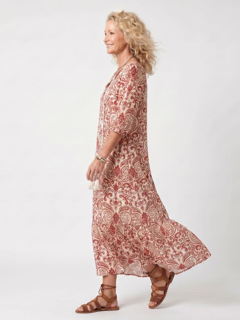 Noelle | Midi-Kleid mit aufwendigem Druck und Quastenband