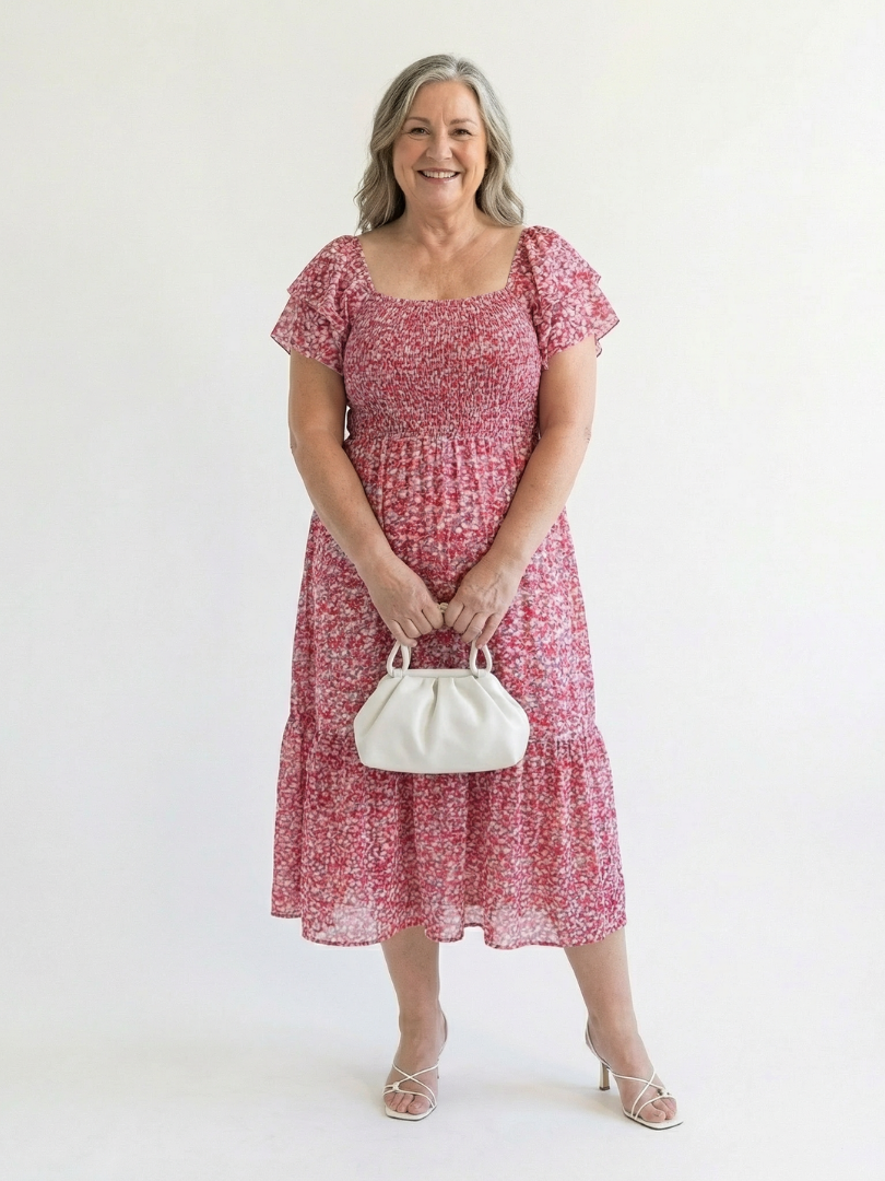 Odette | schulterfreies, geblümtes Midikleid mit Smokeinsätzen
