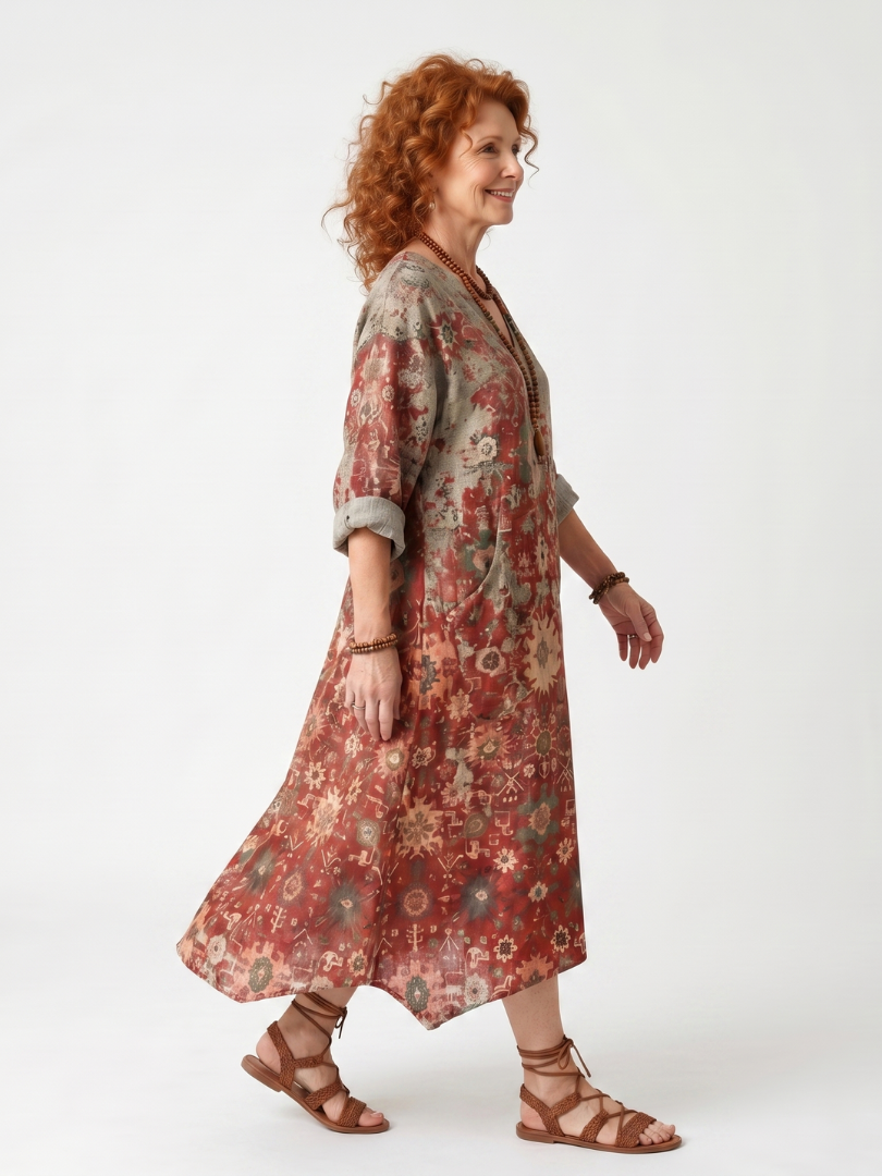 Safran | Relaxed Midi-Kleid mit Mustermix und Taschen
