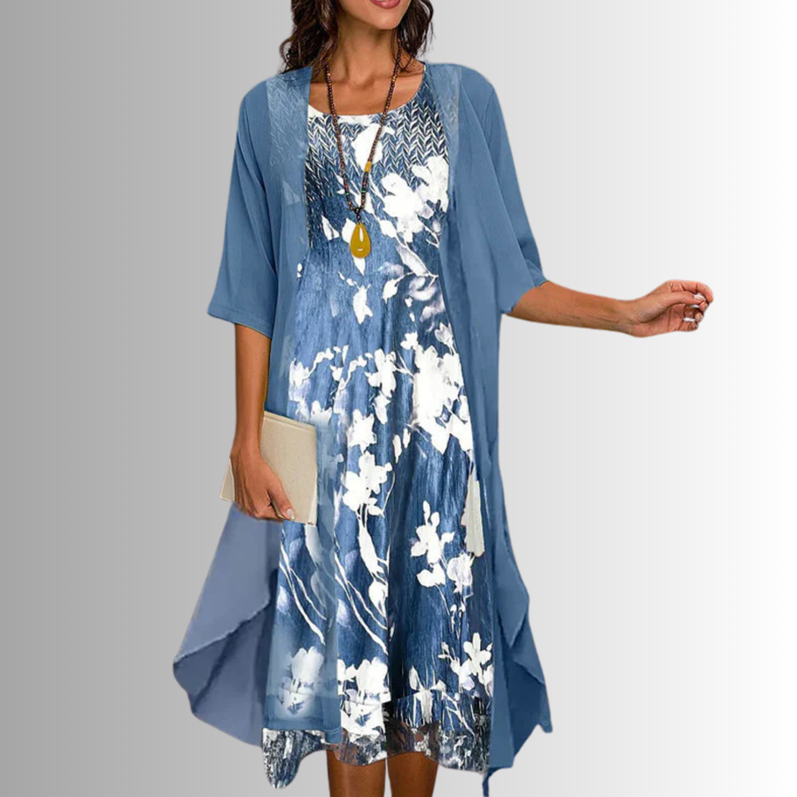 ADELINE | Florales Midikleid und transparenter Staubmantel zweiteiliges elegantes Set im Lagenlook