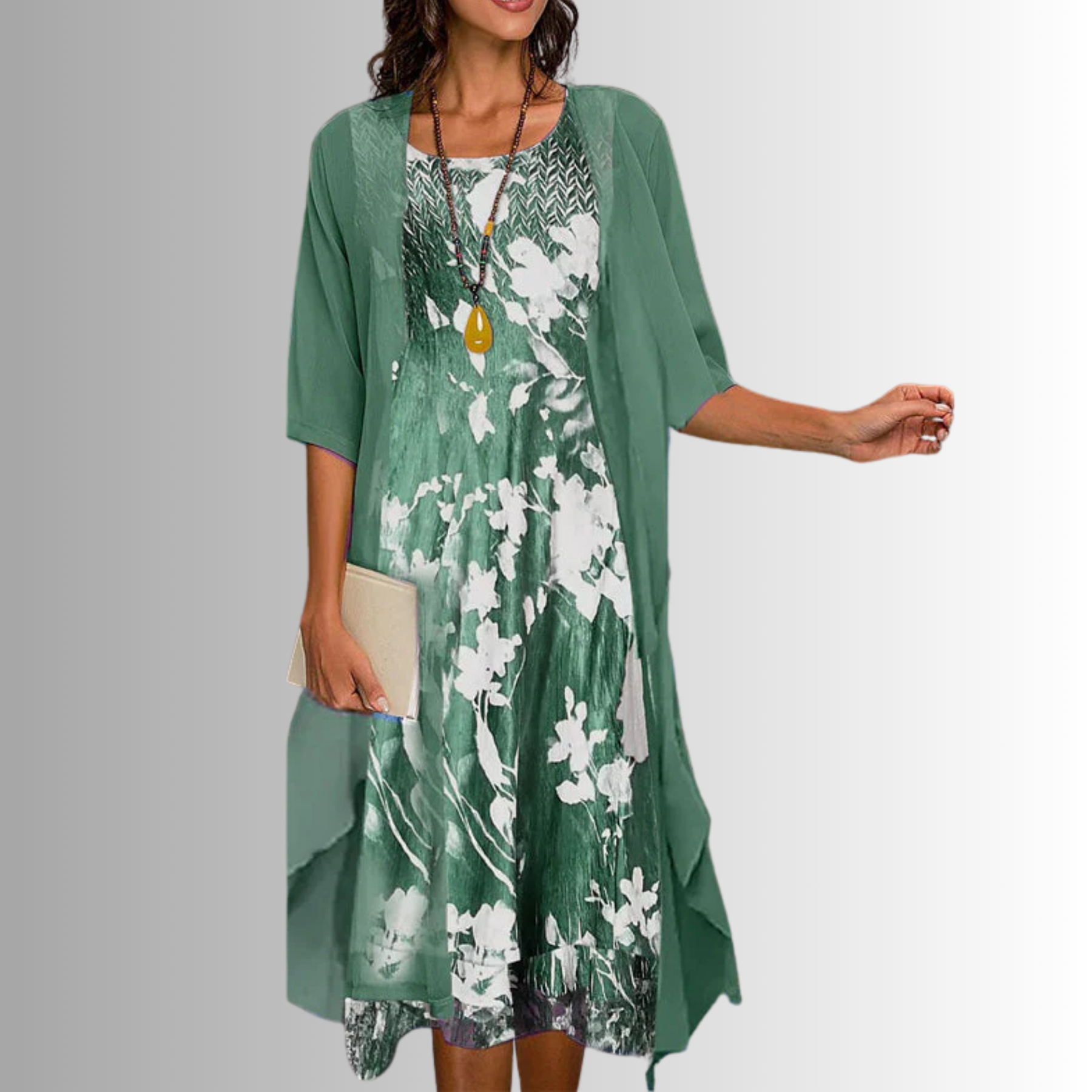 ADELINE | Florales Midikleid und transparenter Staubmantel zweiteiliges elegantes Set im Lagenlook